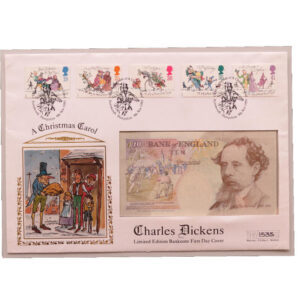 1993 First Day Banknote Cover - Charles Dickens A Christmas Carol 150th Anniversary £10 Pounds Banknote & Stamp Cover Face