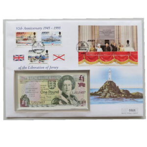 1995 First Day Banknote Cover - Liberation of Jersey 50th Anniversary £1 Pound Banknote Cover Face