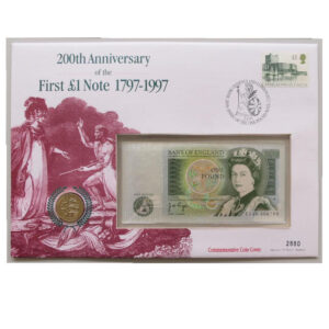 1997 First Day Coin Cover - 200th Anniversary of the First One Pound Note £1 Banknote & £1 Pound Coin PNC Cover Face