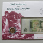 1997 First Day Coin Cover - 200th Anniversary of the First One Pound Note £1 Banknote & £1 Pound Coin PNC Cover Left