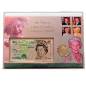 2000 First Day Coin Cover - The Queen Mother 100th Birthday £5 Banknote & Silver £5 Pounds Coin PNC Cover Face