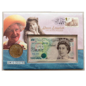 2000 First Day Coin Cover - The Queen Mother 100th Birthday Banknote & £5 Pounds Coin PNC Cover - UK FDC Royal Mail Face